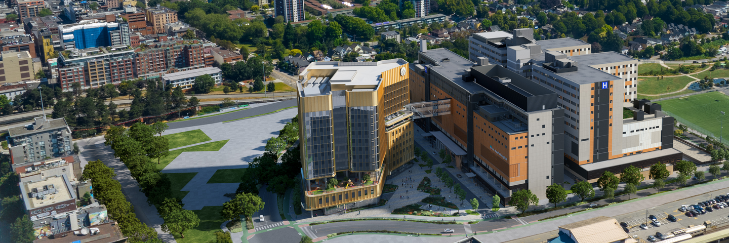 An aerial rendering of the new St. Paul's Hospital campus