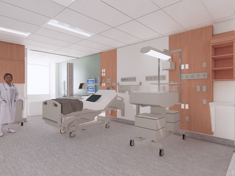 Single-room Maternity Care (SRMC) patient room rendering